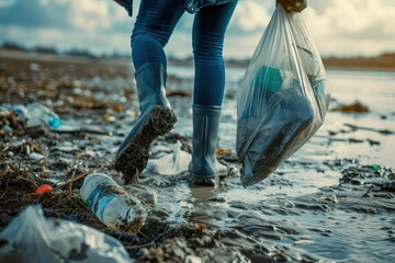 A volunteer collects garbage on a muddy beach. Close-up. The concept of Earth Day. - obrazy, fototapety, plakaty
