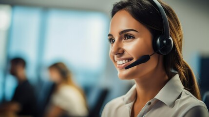A women wearing a headset and talking on a phone in a call. Helpdesk call-center service operator