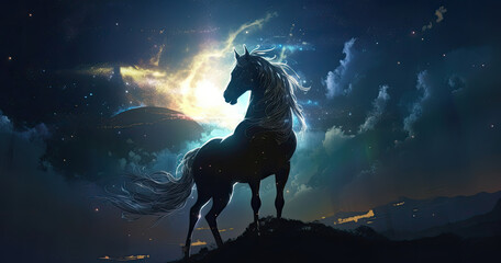 Obraz na płótnie Canvas Horse Standing on Top of Hill Under Cloudy Sky