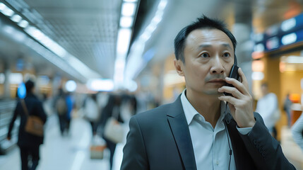 A busy businessman having a conference call while navigating through an airport terminal.