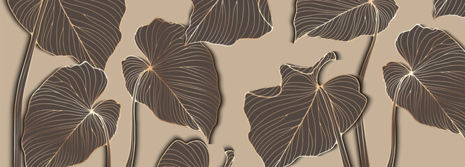 Beige luxury tropical background with golden outlines of tropical plants. - obrazy, fototapety, plakaty