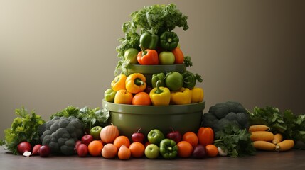 A tower of fresh fruits and vegetables, meticulously balanced, includes oranges, carrots, and green