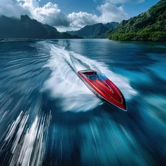 Foto op Canvas A hi tech speed boat races in paradise its cinematic journey a blur of innovation and pristine landscapes © BOMB8