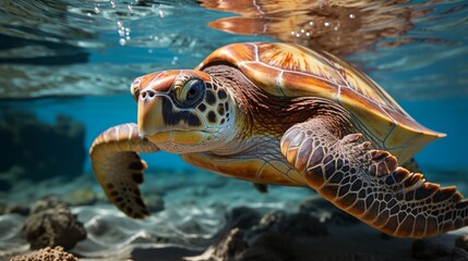 Fototapeta premium A solitary sea turtle gliding through the water, the patterns on its shell a unique signature, the p
