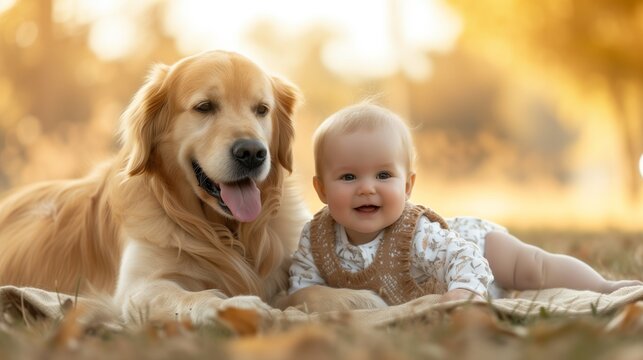 A happy baby is lying on a blanket in nature with a golden retriever dog.
