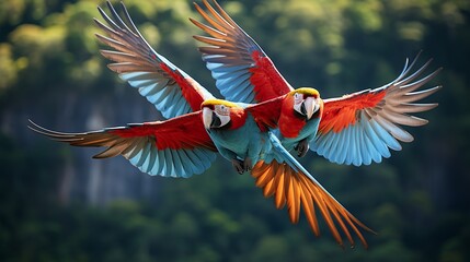 vector illustration Beautiful Scarlet macaw parrot flying in the wild on a green forest background - obrazy, fototapety, plakaty