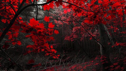 black and white photo of a creepy forest where with leaves of the trees are a dark red color