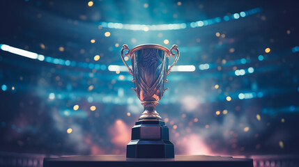 Fototapeta na wymiar Champions Award trophy on blurred bokeh with particles background