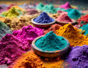 Close up Colorful, finely powdered Indian pigments.