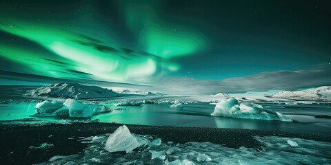 Icebergs Drifting in a Glacial Lagoon Under the Northern Lights.