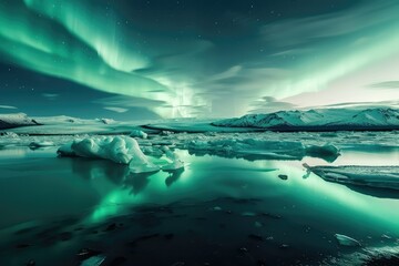Fototapeta premium Icebergs Drifting in a Glacial Lagoon Under the Northern Lights.