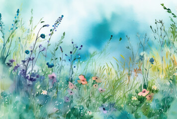 Fototapeta na wymiar Painting of Flowers and Grass on Blue Background
