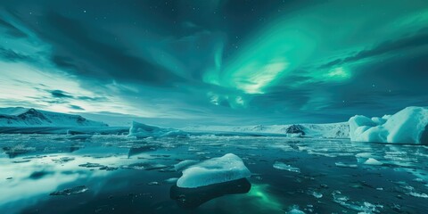 Icebergs Drifting in a Glacial Lagoon Under the Northern Lights.
