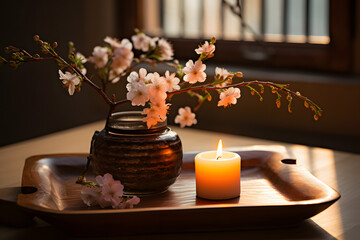Sunlit Wooden Tray with Candle and Blossom Generative AI,