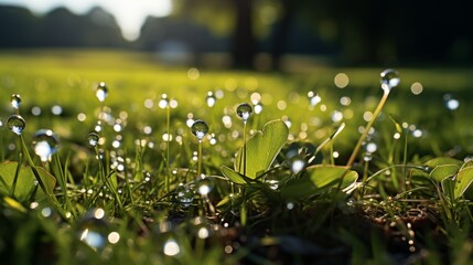 A serene meadow bathed in the soft light of the morning sun, dewdrops sparkling on the lush green gr
