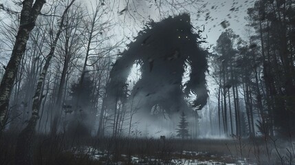 Monster erupts from the ground a terrifying emergence shadows loom over whimsical forest