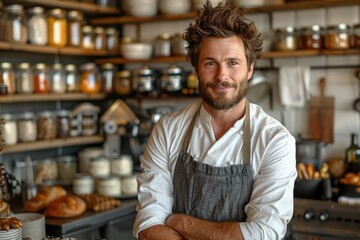 A man stands proudly in his apron, surrounded by shelves of food and bottles, in the bustling kitchen of his shop