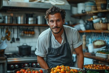 A man in a kitchen stands proudly, surrounded by vibrant produce from the local market, embodying...