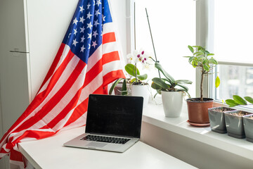 usa flag and video by laptop, videoconference