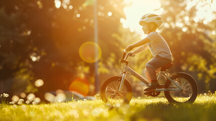 A child learning to ride a bicycle in a sunny park the moment of triumph as they pedal independently for the first time. - obrazy, fototapety, plakaty