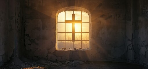 the easter window with a sunrise and the cross behind it, in the style of archaeological object - obrazy, fototapety, plakaty