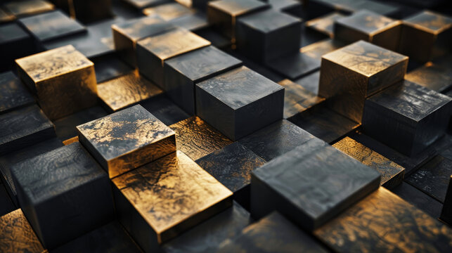 3D geometric blocks, black and gold design