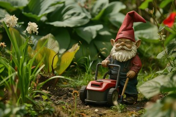 The garden gnome on grass, in the style of object portraiture specialist, light red and dark emerald. - obrazy, fototapety, plakaty