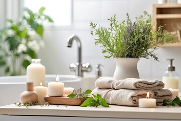 Natural handmade soap and candles in white bathroom on eco-style background, rolled towels, potted plants. Hobby soap making, home made. 