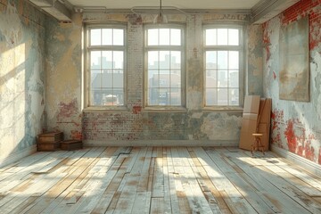 Amidst the abandoned decay, a solitary chair sits in an indoor room, its walls adorned with faded paintings, as the floor creaks underfoot and light filters through a few dusty windows, inviting expl