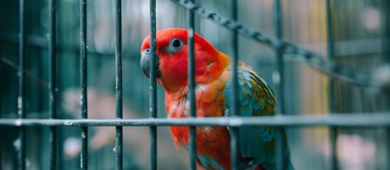 Colorful parrot enjoying life in a beautiful golden cage isolated on white background