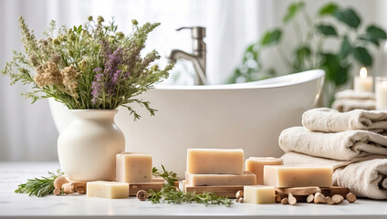 Natural handmade soap and candles in white bathroom on eco-style background, rolled towels, potted plants. Hobby soap making, home made. 