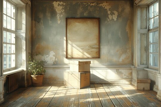 Amidst the decay of an abandoned building, a room with boxes and a solitary painting on the wall is brought to life by the soft daylighting filtering through a window, while a houseplant and vase add