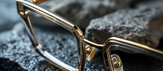 Stylish eyeglasses abandoned on a rugged rock surface in the wilderness