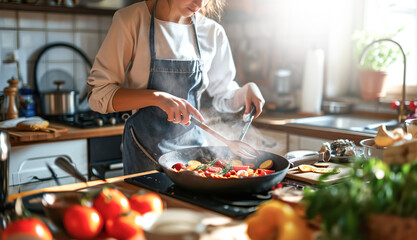 Selective focus.woman cooking food menu with pan and  fresh ingredient on kitchen island counter.cozy home style.healthy eating concepts