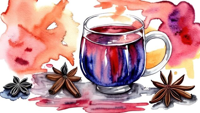 A mug of mulled wine stands on the table with spices scattered around it.	