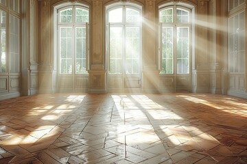 A sunlit room filled with symmetrical windows brings warmth and light to the ground floor, creating a serene and inviting atmosphere