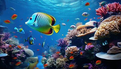 Fish in the water, coral reef, underwater life, various fish and exotic coral reefs