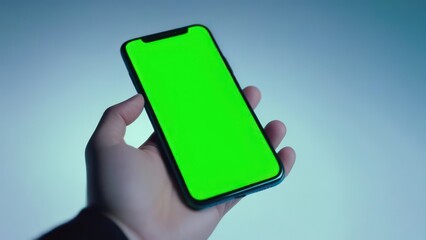 A phone with a green screen lies in the hand on a light background free space 