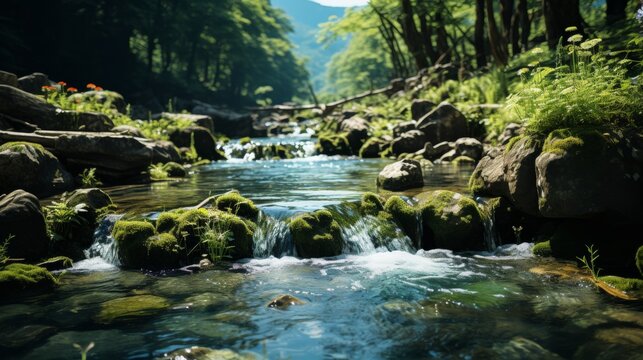 A gentle waterfall in a serene mountain setting, the sound of the water a soothing presence, wildflo