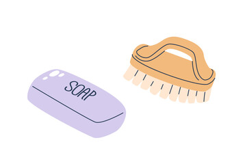 Vector Soap and Brush Isolated Household Items. Soap Cleansing Agent That Removes Dirt And Grease, Vector Illustration