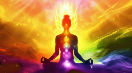 Transcendental chakras space meditation futuristic colorful background.
