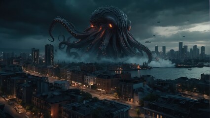 an enormous octopus-like creature emerges from the depths, its massive tentacles stretching out to grasp the city below. The once bustling urban landscape now lies in ruins, consumed by fire and chaos - obrazy, fototapety, plakaty