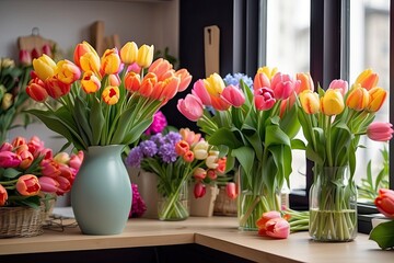 Colorful bouquets of tulips in a flower shop - fresh cut flowers in boxes and vases in a warehouse and racks for sale, delivery for the holiday. Spring, March 8, women's Day, birthday. 