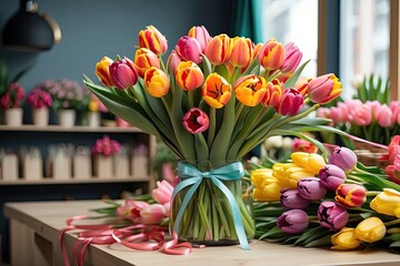 Colorful bouquets of tulips in a flower shop - fresh cut flowers in boxes and vases in a warehouse and racks for sale, delivery for the holiday. Spring, March 8, women's Day, birthday. 