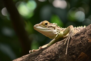 Naklejka na ściany i meble Green iguana perched on a tree branch in a tropical environment, basking in natural sunlight.