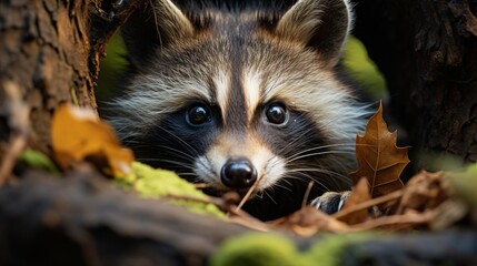 A curious raccoon peeking out from behind a tree, playful expression, natural forest setting, captur