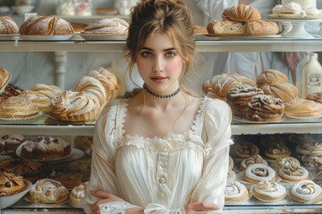 A woman admires a delectable spread of baked goods in a charming bakery, craving the sweet satisfaction of each delicate pastry