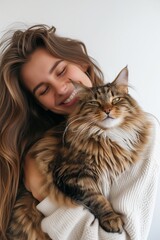 Portrait photo of a young beautiful smiling woman hugging a cat. A woman with a cat in her arms.