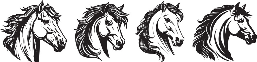 horse heads, black and white vector collection laser cutting engraving