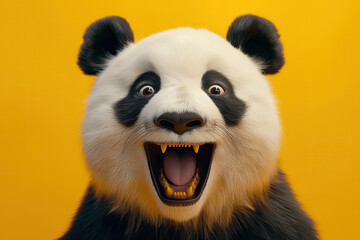 close up of a panda bear on a yellow background with it's mouth open
